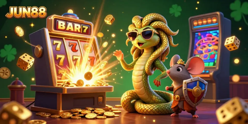 Experience thrilling bets at JUN88 with Medusa and a warrior mouse amidst a vibrant casino atmosphere.