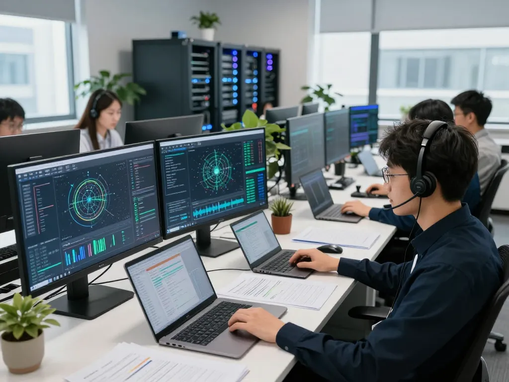 IT professionals optimizing network performance with 快连 technology in modern workspace.
