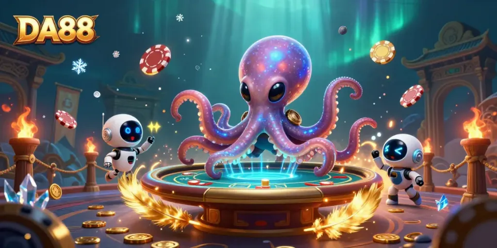 Engage with the thrilling atmosphere of DA88 at a holographic poker table with an alien octopus and a robot companion.