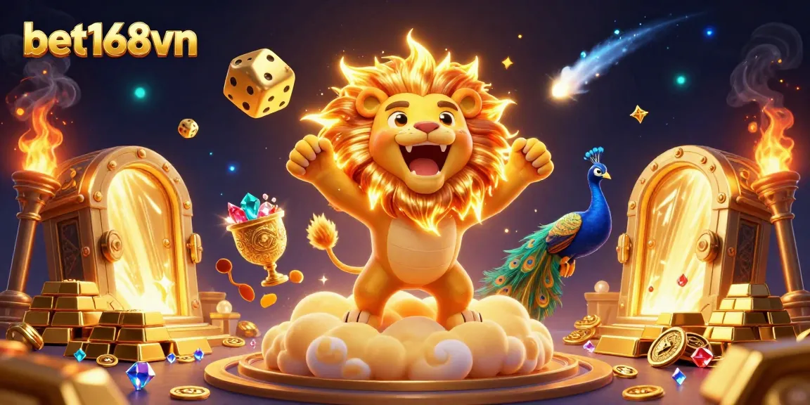 Bet168vn players winning big surrounded by treasures and golden dice in a vibrant, dynamic casino scene.