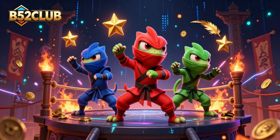 B52CLUB showcases a vibrant 3D casino scene with ninja chameleons engaging in thrilling martial arts amidst betting symbols and dynamic effects.
