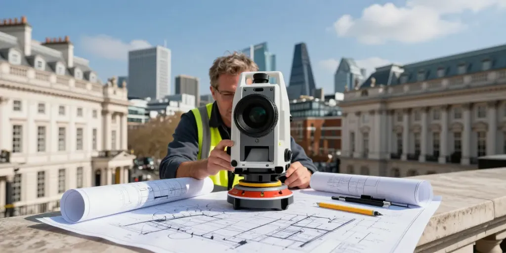 Measured Building Survey London with professional surveyor using laser scanner in urban setting.