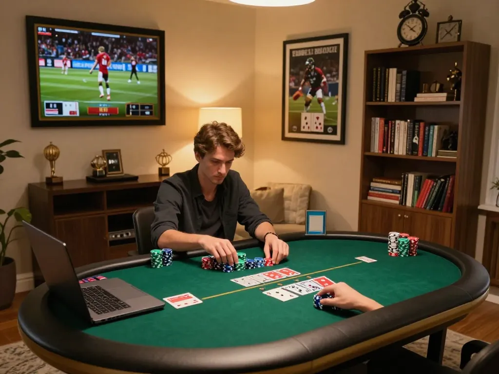 Player engaging in online poker at home, showcasing the xoilac gaming atmosphere with chips and cards visible.