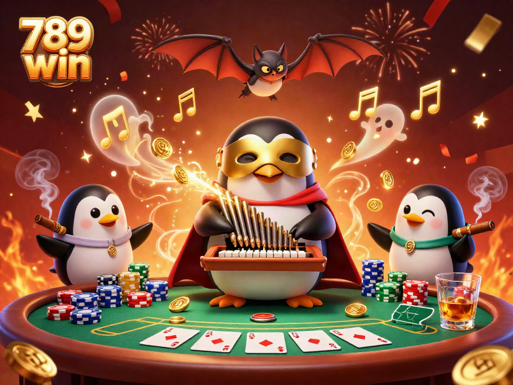 Experience the thrill of 789 win with a 3D penguin organist amidst vibrant casino action.