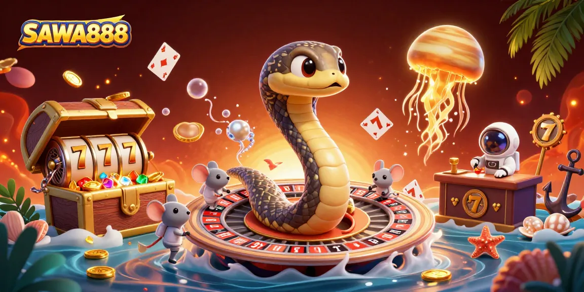 Experience excitement with SAWA888's cosmic casino scene featuring betting astronaut mice and a spinning roulette wheel.