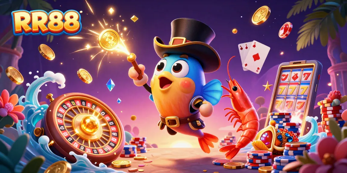 Win exciting rewards at RR88 with luminous coins and vibrant gambling elements in a lively underwater setting.