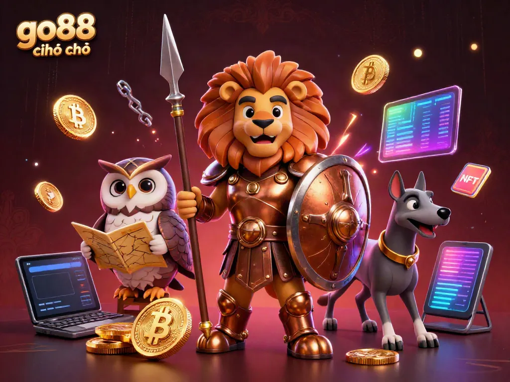 Engage with the go88 chính chủ gaming experience featuring a Spartan lion and crypto elements.