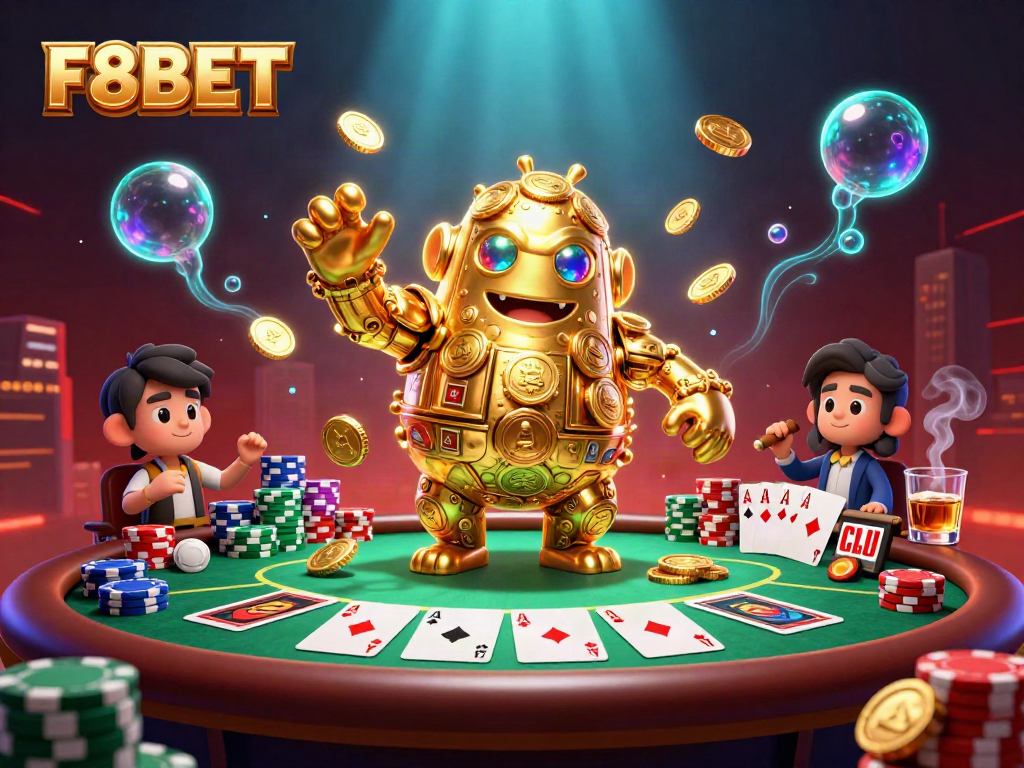 Experience immersive gaming thrills with F8BET's vibrant casino atmosphere featuring a dynamic golden golem and poker elements.