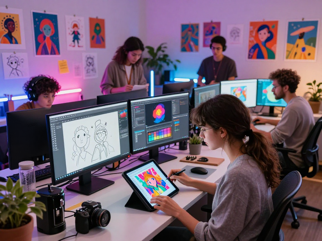 AI nsfw digital artist collaborating in a vibrant studio with monitors displaying creative artwork.