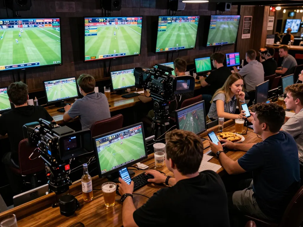 Bongdalu sports betting scene with patrons excitedly placing bets during live football match