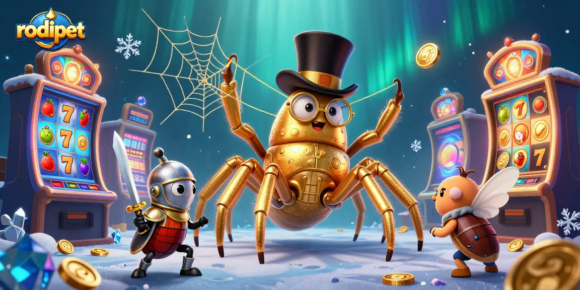 Experience the thrilling world of rodipet with a giant golden tarantula amidst dynamic casino slot activities.