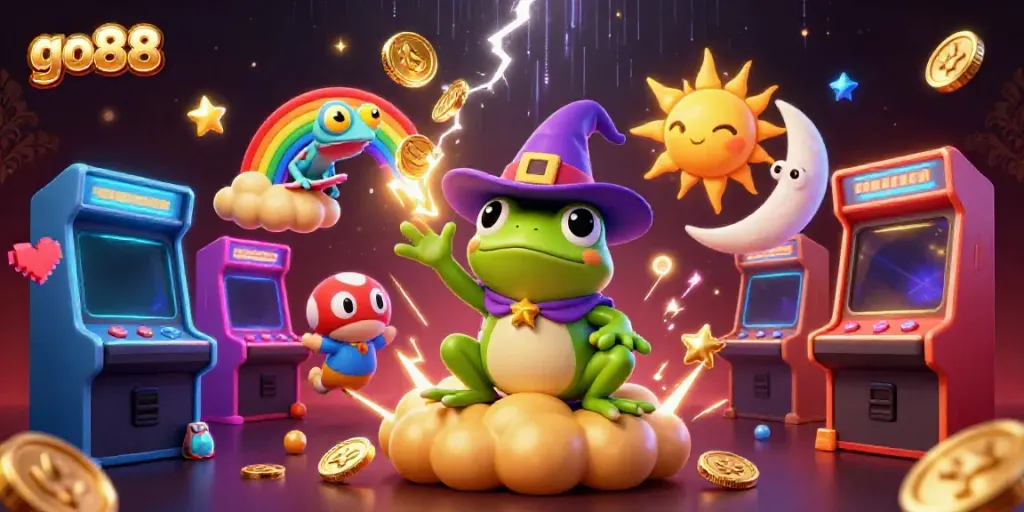 Experience the fun and excitement of go88 with vibrant characters amidst golden coins and dynamic gaming elements.