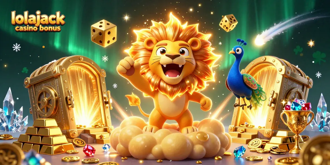 Experience the excitement of the lolajack casino bonus with vibrant 3D artwork featuring a roaring lion, golden dice, and treasure.