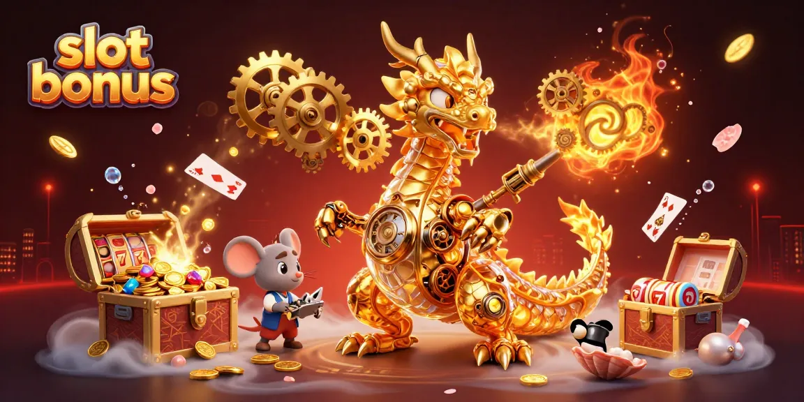 Experience thrilling slot bonus opportunities with a dragon and engineer in a vibrant casino world.