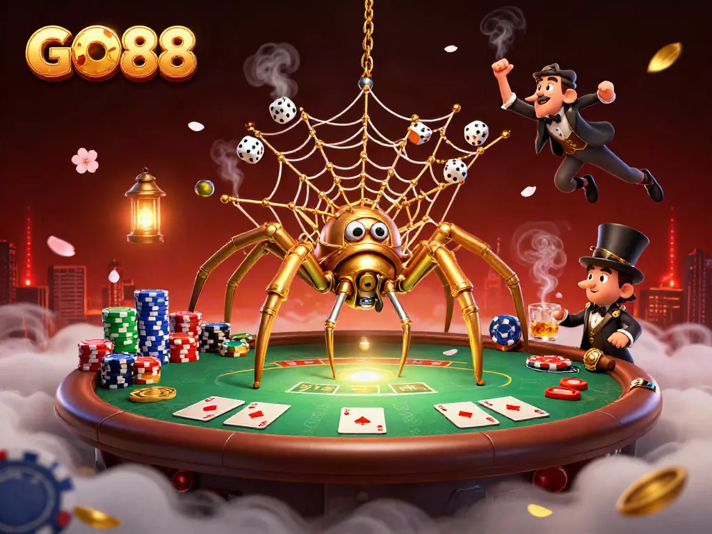 Experience thrilling gameplay with GO88 as a golden spider weaves a web of poker chips in a steampunk casino.