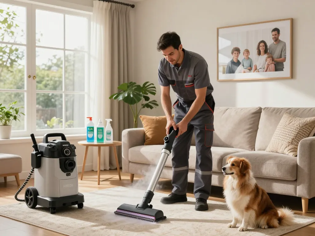 Cleaning & maintenance blogs featuring a professional upholstery cleaner using steam cleaning in a bright living room, showcasing eco-friendly products and family life.