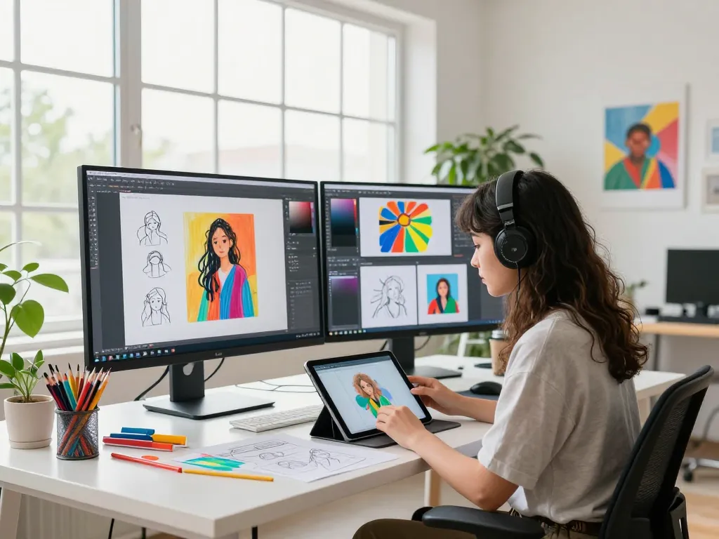 Digital artist generating an image prompt in a bright studio.
