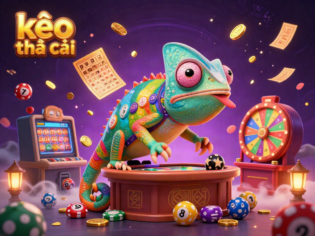 Experience the excitement of kèo nhà cái with vibrant casino elements and a colorful chameleon character in a dynamic scene.