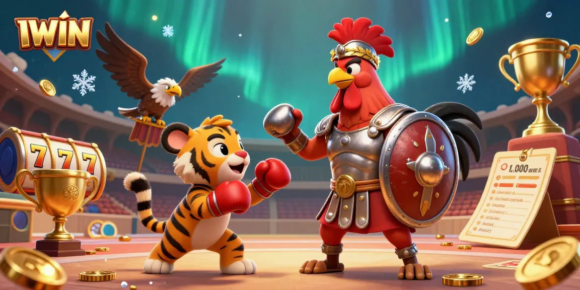 IWIN brings excitement to casino gaming with dynamic slot reels, a rooster gladiator, and a tiger cub in a rich, detailed scene.