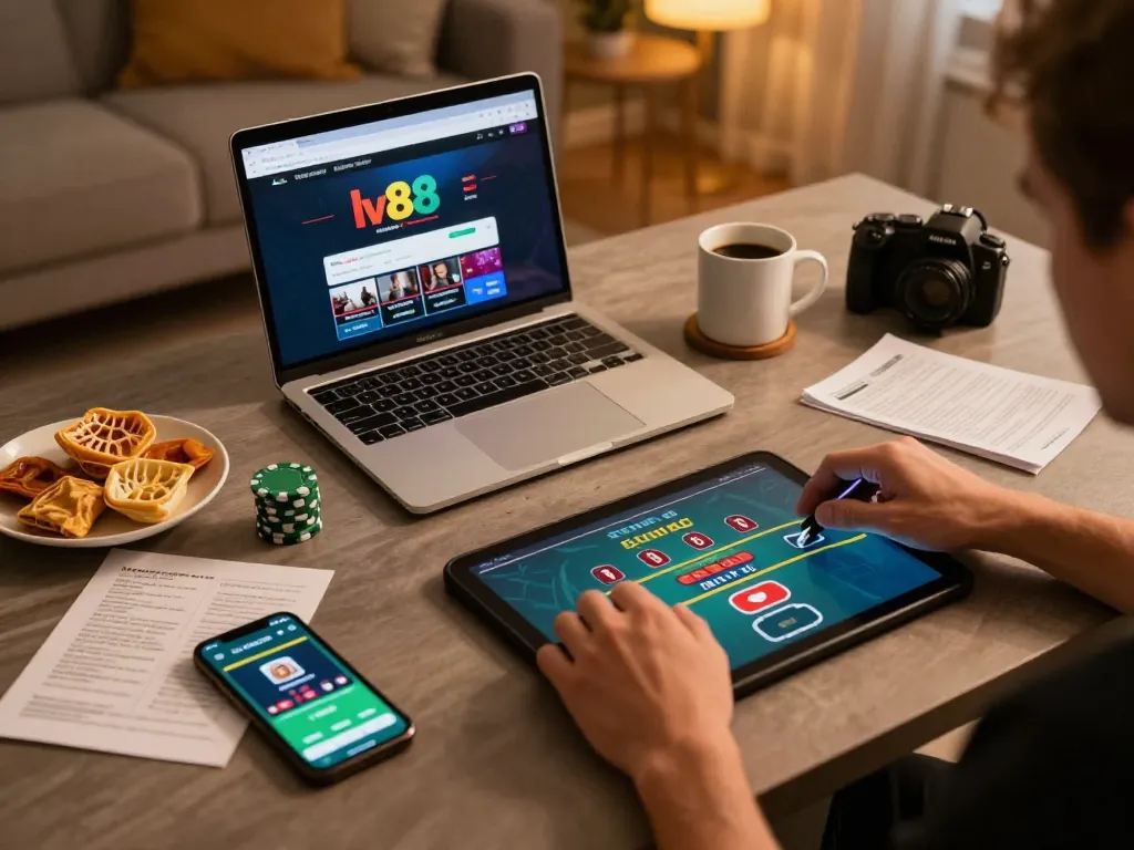 Engaging with lv88 online casino on a laptop while enjoying a cozy home gaming atmosphere.