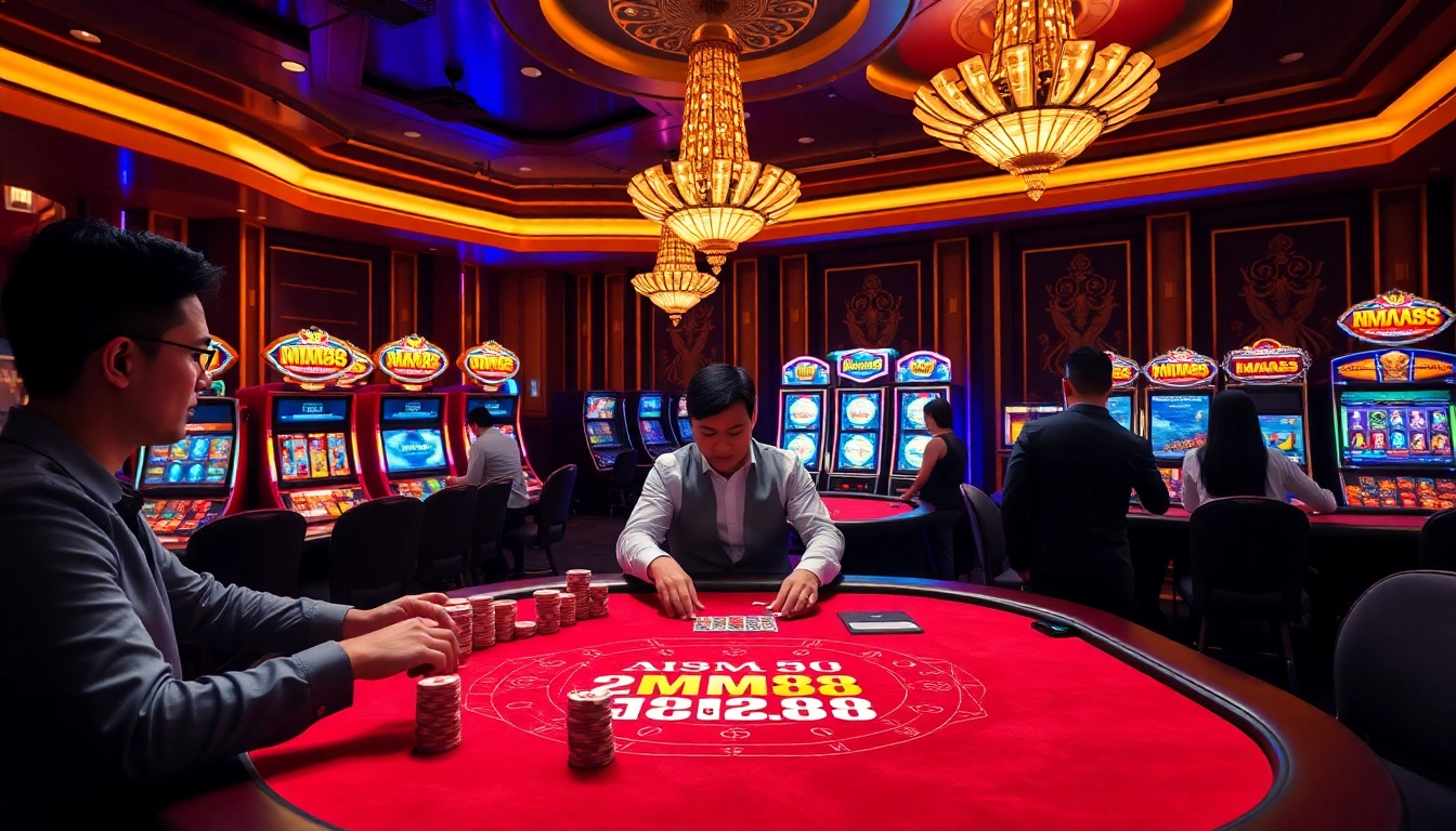 Players enjoying a thrilling game at the MM88 casino table amidst an elegant atmosphere.