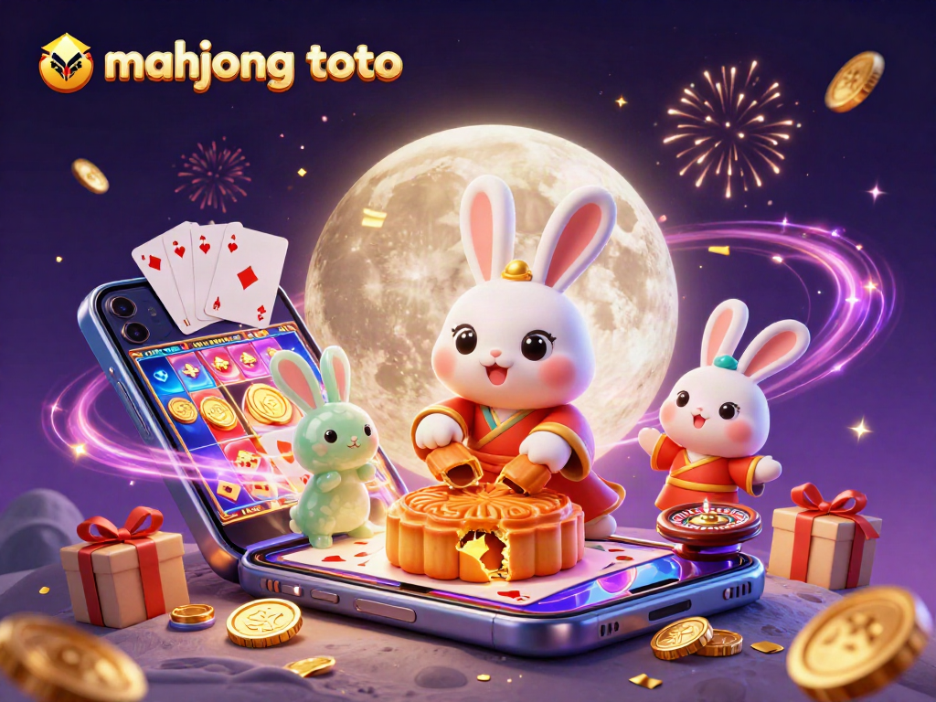 Experience mahjong toto in a vibrant 3D casino scene featuring a moon rabbit with poker chips and dynamic gaming elements.