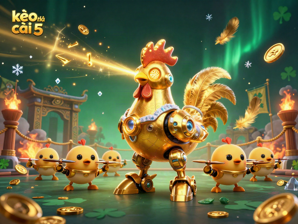 Engage with kèo nhà cái 5 by witnessing a futuristic scene of a golden rooster robot featuring baby chick drones amidst gambling elements.