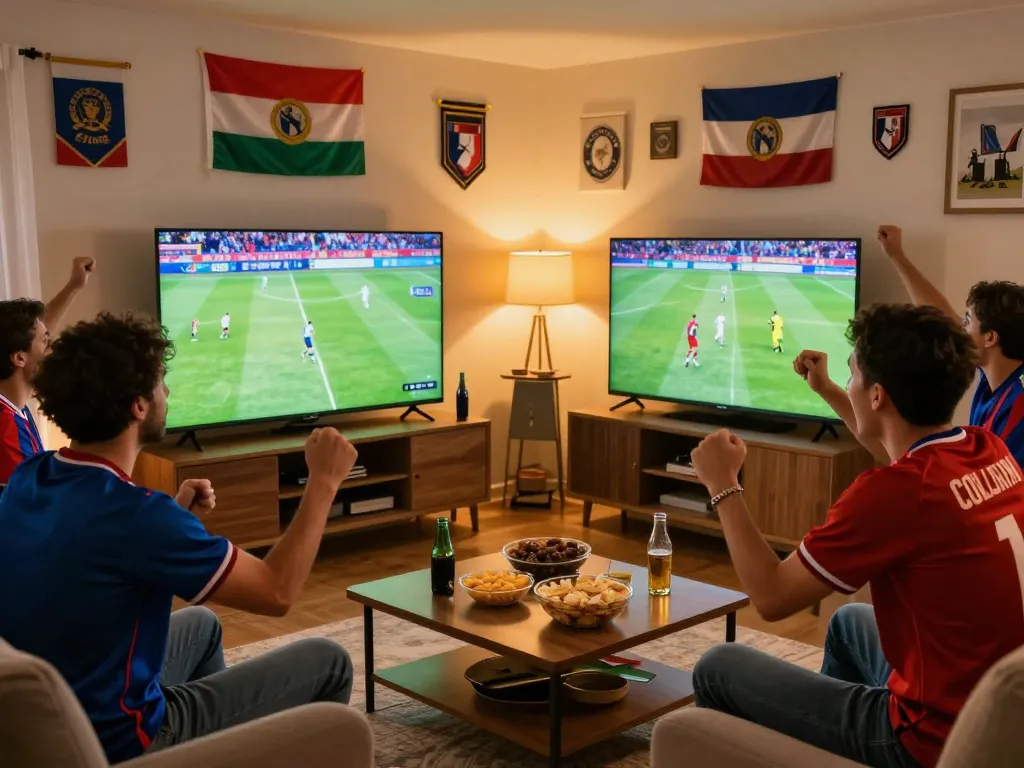 Excited fans enjoying lương sơn tv football matches live in a cozy living room.