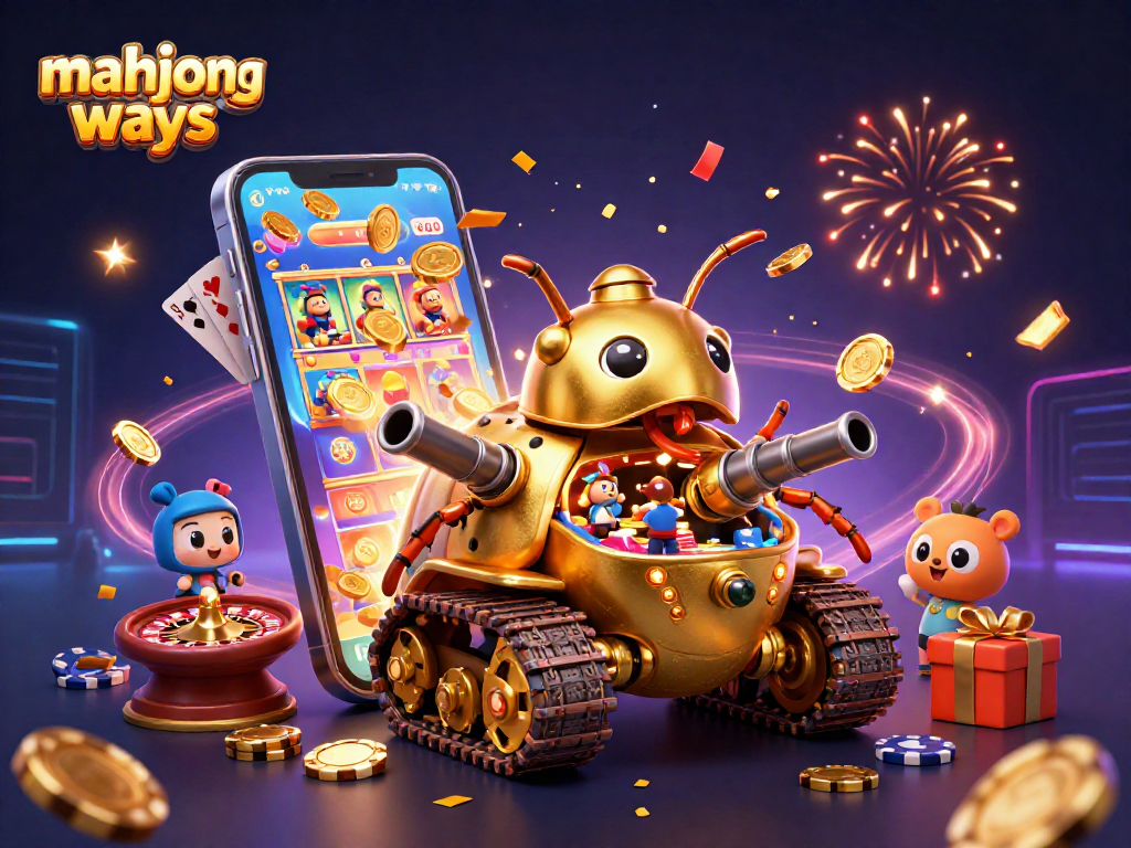 Engage with mahjong ways as confetti rains from a golden beetle tank, revealing an animated casino scene.