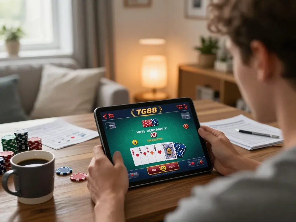 Player immersed in live blackjack action on tg88 tablet, showcasing strategic gambling approach at home