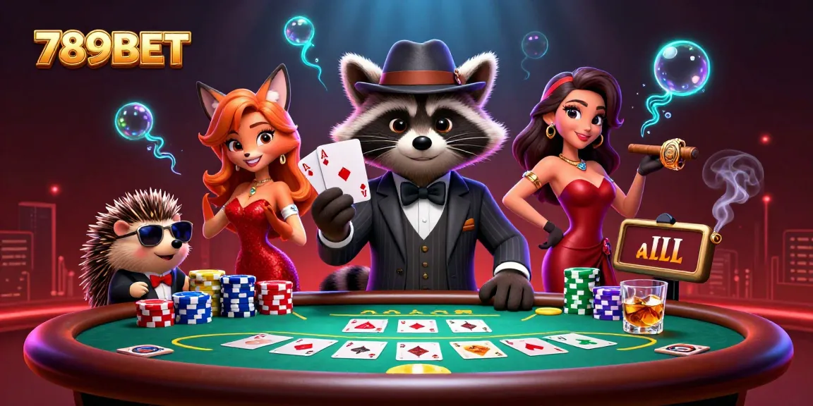 Play poker with 789BET as a suave raccoon, charming fox, and bouncer in a lively casino setting.