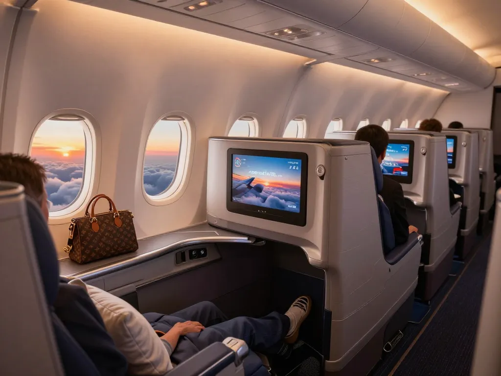 Passenger enjoying luxury in 789P premium cabin of Boeing 787-9 at sunset