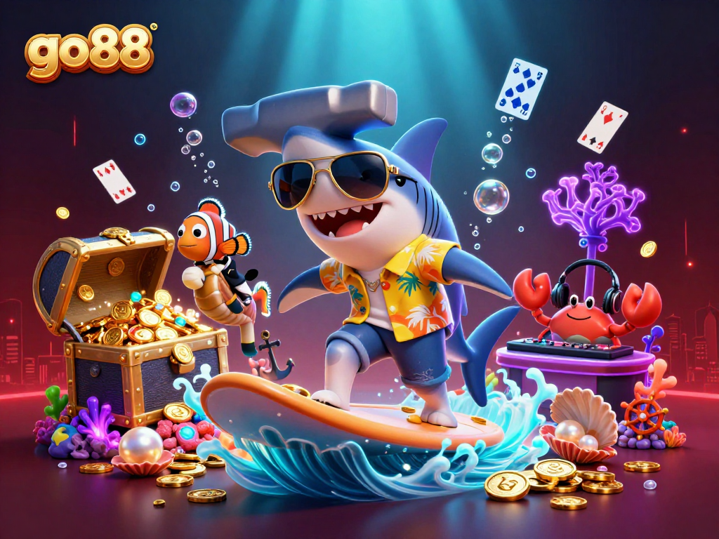Surf the wave of fortune with go88, featuring vibrant sea creatures and gold coins in a dazzling underwater casino scene.