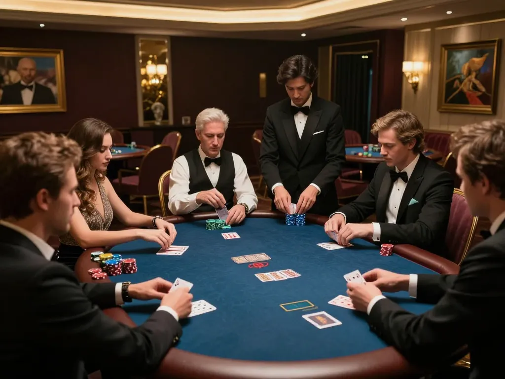 Players in upscale poker room intensely strategizing their next move at 123b casino table.