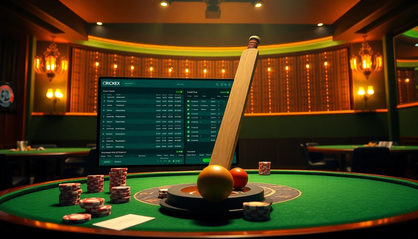 Crickex betting interface showcasing vibrant cricket betting action with casino elements.