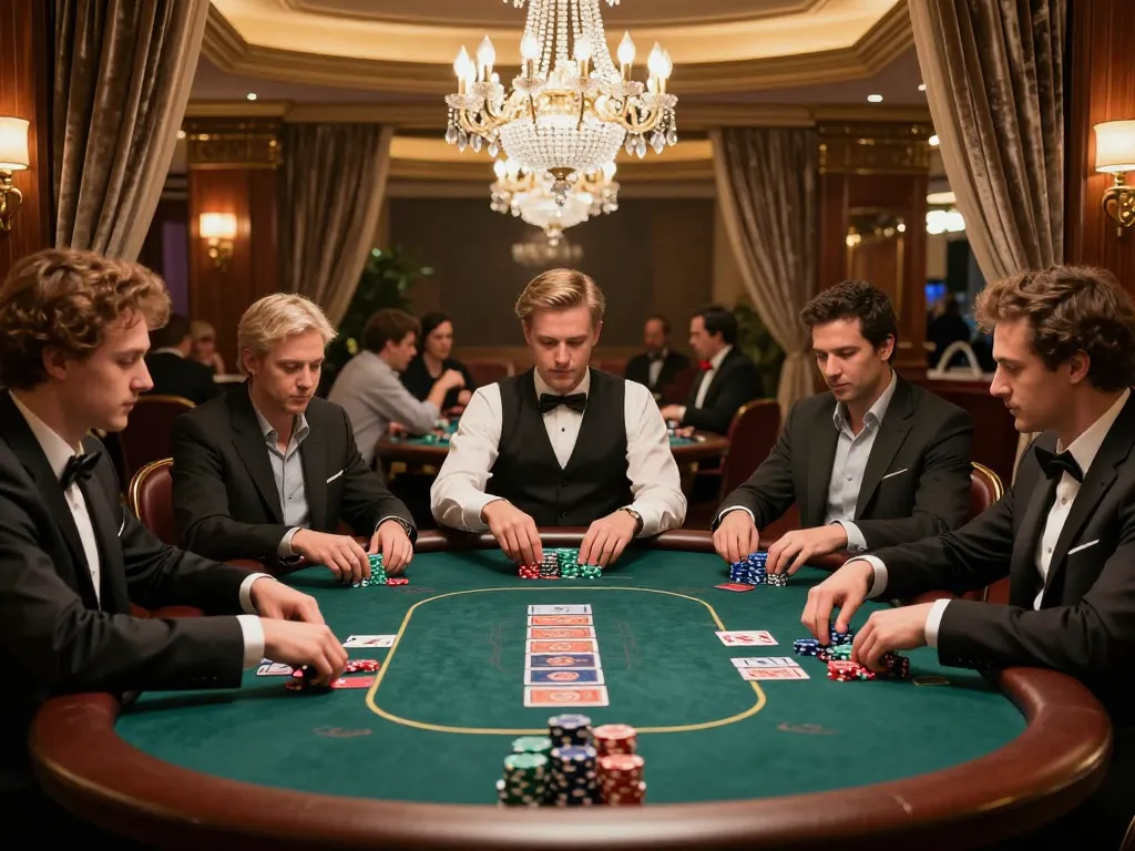 Players engaging in a high-stakes poker game in a premium gaming area, sv66 excitement evident in their strategy.