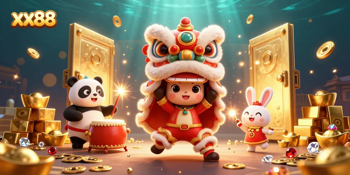 Experience the thrill of winning at xx88 with a vibrant casino scene featuring dynamic characters and treasures.