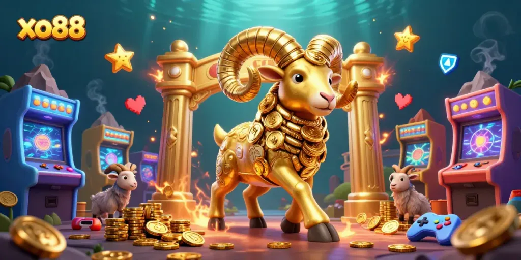 Experience thrilling wins at xo88 with a golden ram charging through a vibrant casino world.