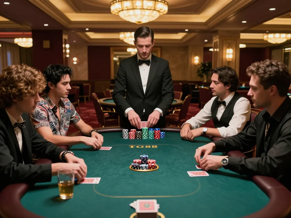 Players strategizing during a heated poker game at TG88 casino, showcasing an elegant atmosphere.