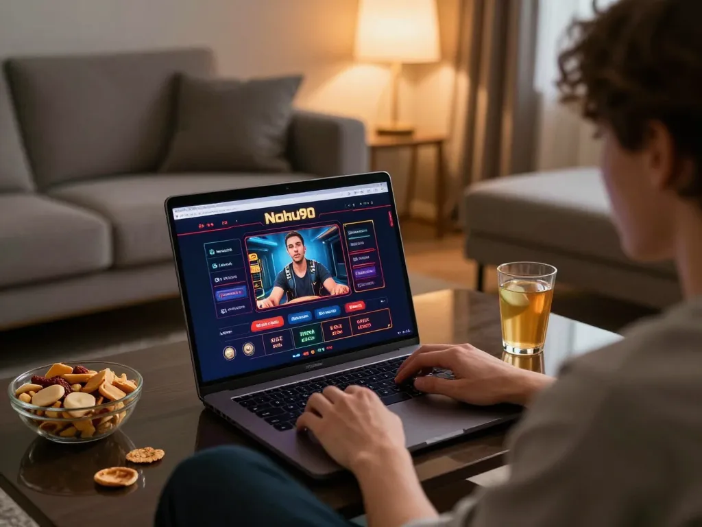 Nohu90 online gaming interface displayed on laptop in a cozy living room, showcasing relaxation.