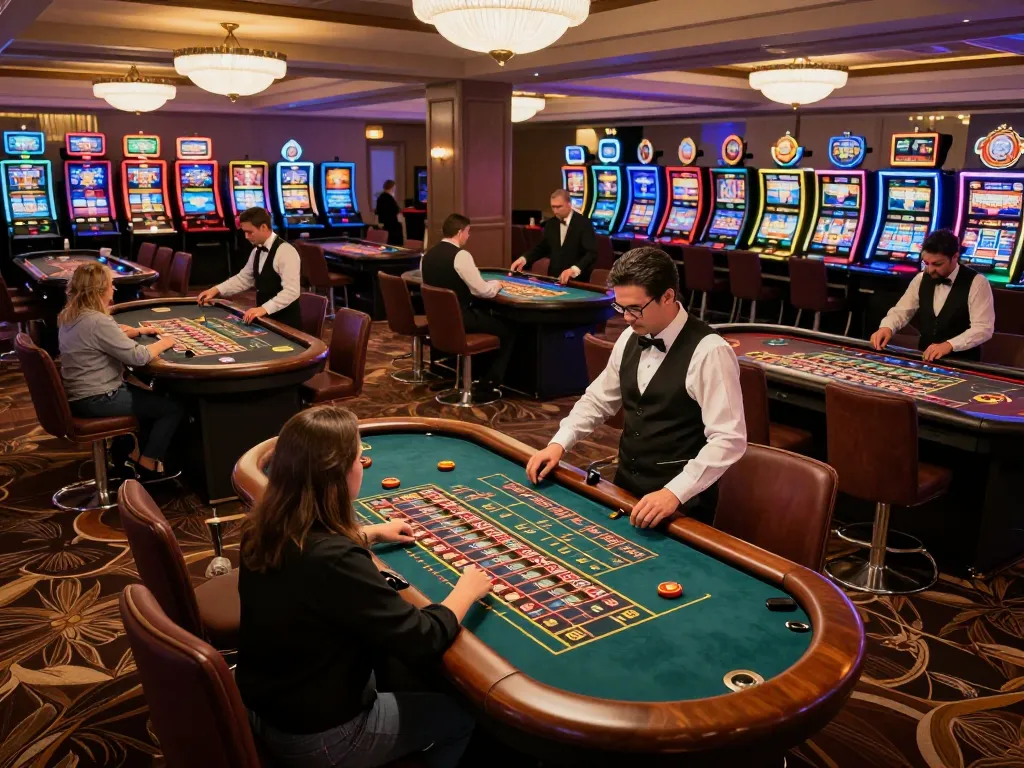 8kbet players engaging in thrilling roulette action on a luxurious casino floor, surrounded by vibrant slot machines.