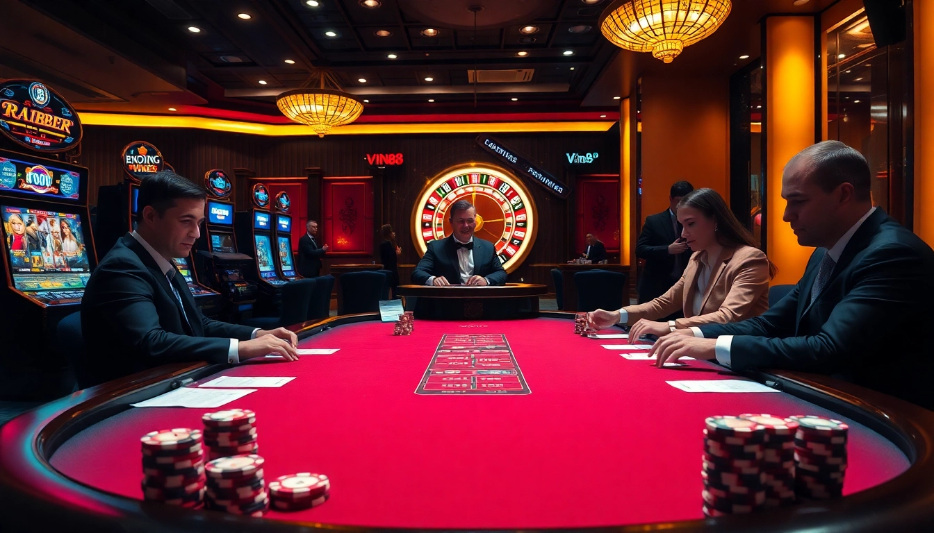 Experience the thrill of Vin88 with a luxurious casino atmosphere showcasing poker, slots, and roulette action.