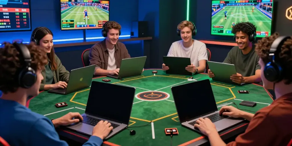 Exciting online gaming scene at VIN88 with diverse players, vibrant screens, and immersive atmosphere.