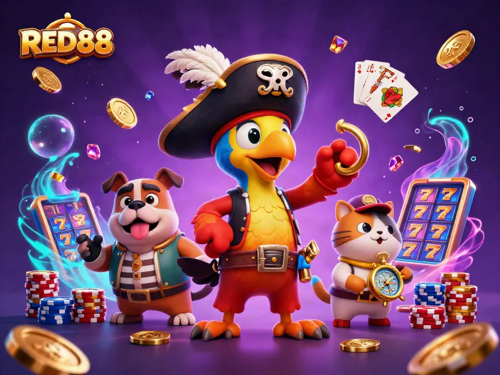 Join the excitement of RED88's jackpot slots with vibrant characters and glimmering coins
