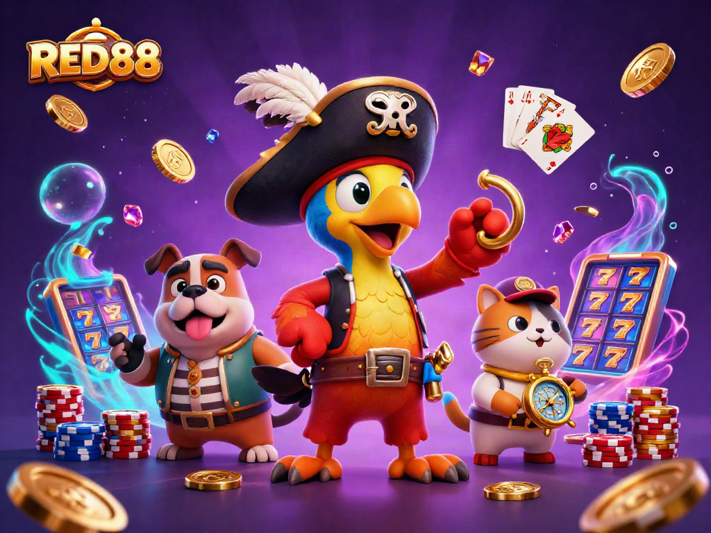 Join the excitement of RED88's jackpot slots with vibrant characters and glimmering coins