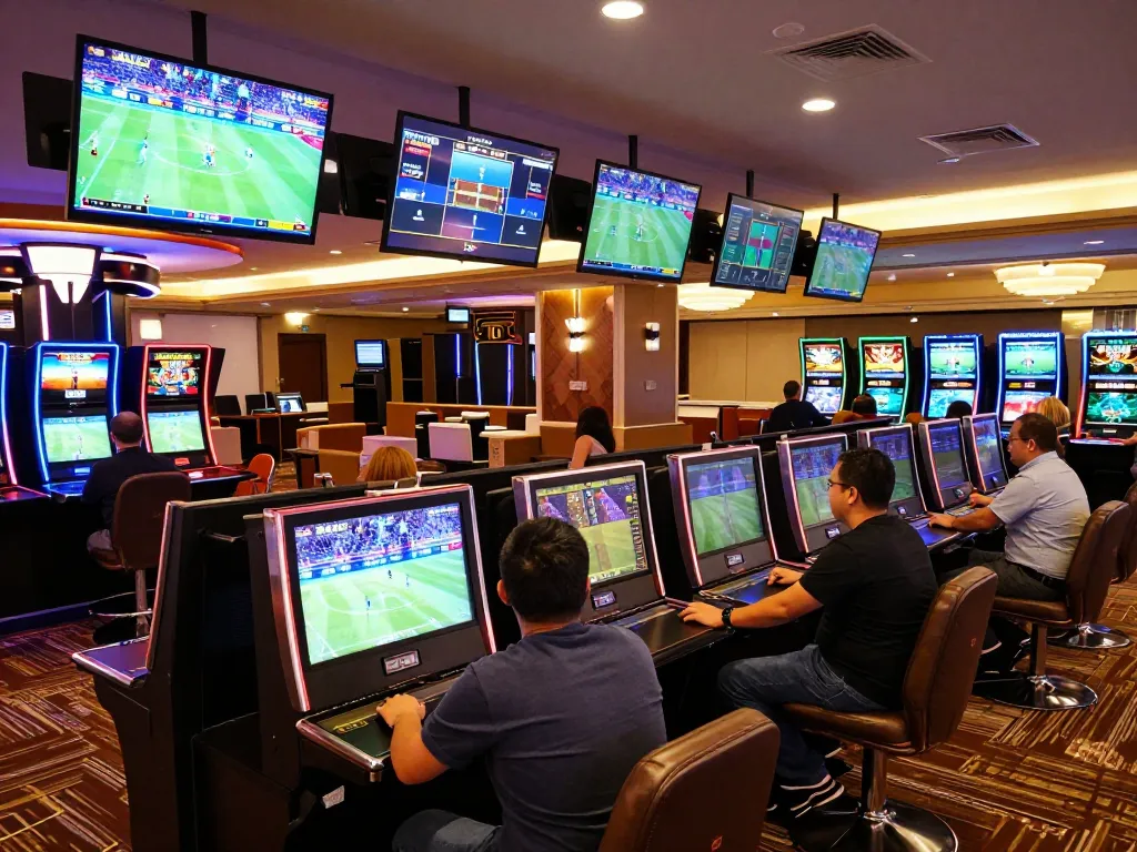 Exciting sports betting ambiance at 8XBET THỂ THAO with bettors placing wagers.