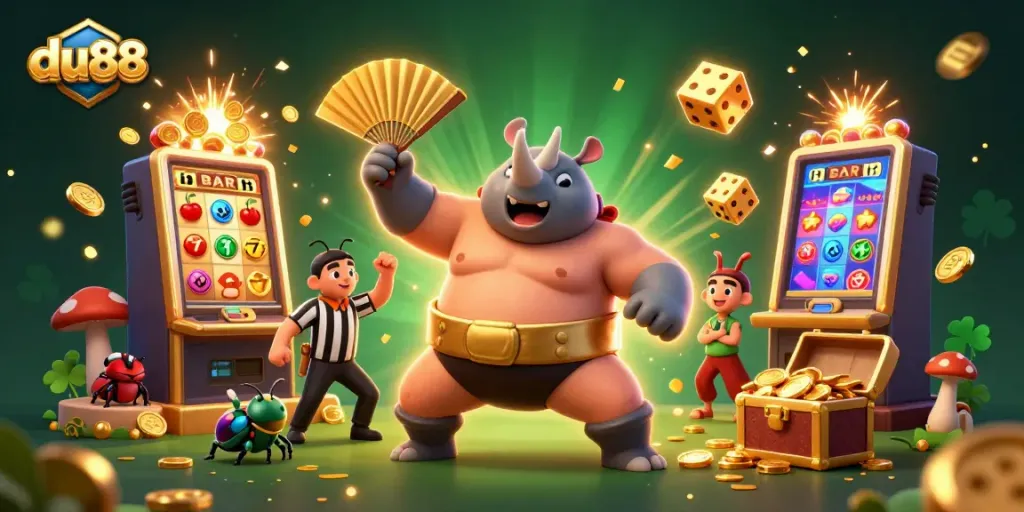 Experience thrilling wins at du88 with a dynamic 3D casino scene featuring a sumo beetle champion.