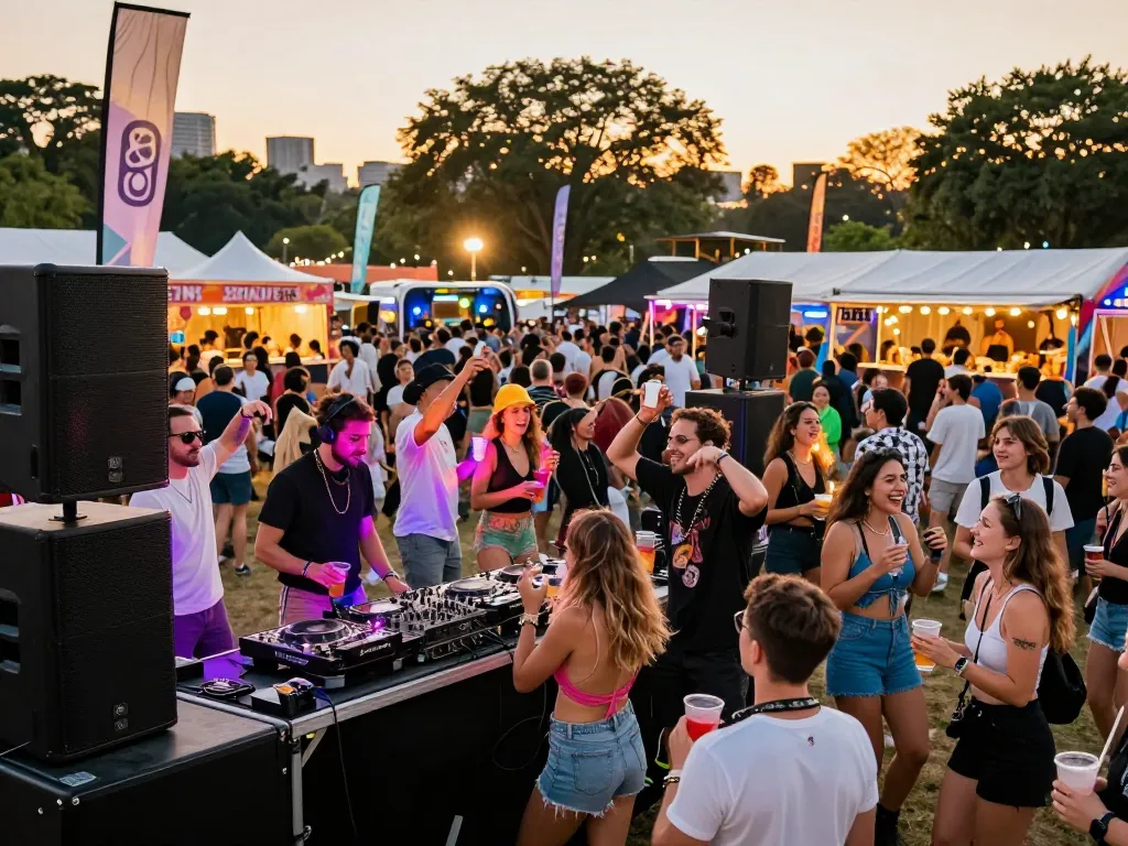 8Day music festival scene with vibrant DJ performance and dancing crowd, capturing the energy of outdoor electronic music.