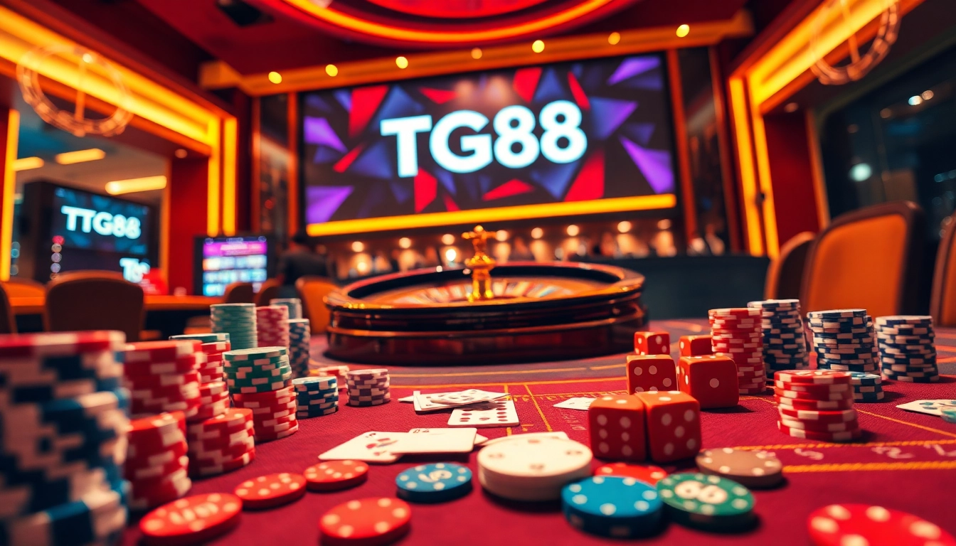 Engage players with the TG88 casino gaming table filled with vibrant poker chips and cards.