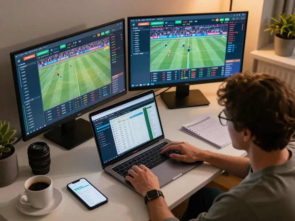 Engaging in sports betting on lc88 with multiple screens showing odds and live events